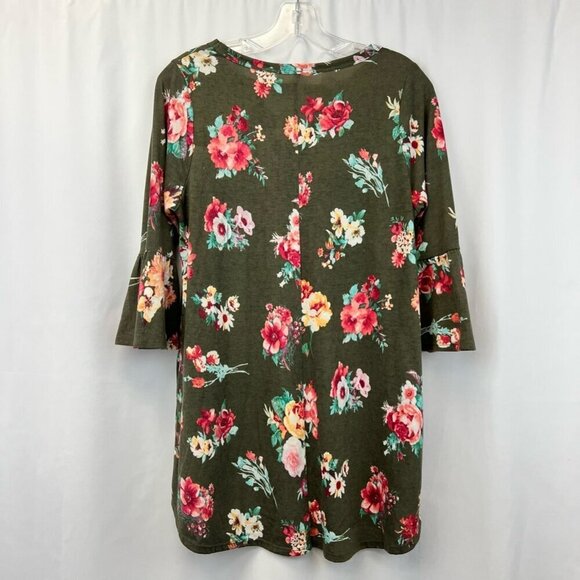 MTS Womens Top Multicolor Floral 3/4 Sleeve Bell Stretch High Low USA Medium - Picture 2 of 12